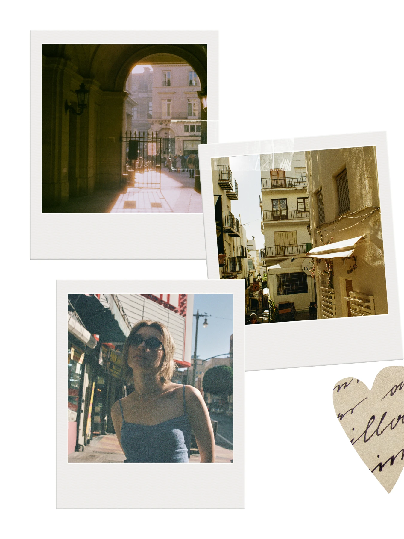 Sunlit streets and a portrait arranged as instant photos